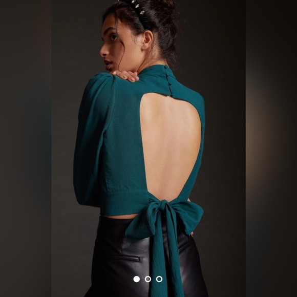 Anthropologie Maeve Open-Back Bow Blouse in Teal Green - Picture 2 of 16